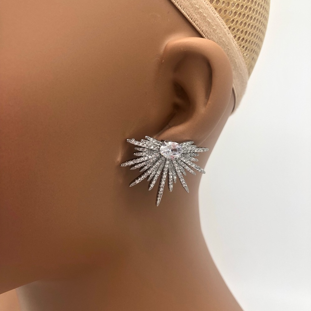 Silver Starburst Cluster Rhinestone Earrings - Picture 6 of 8